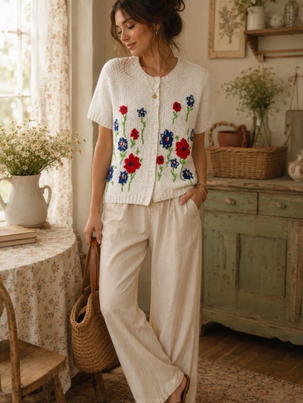 VTG Options Adrienne Vittadini Floral Knit Sweater Women S Cottagecore Embroider